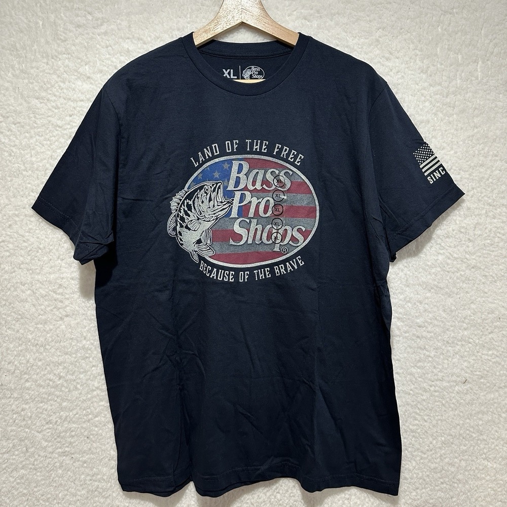 Bass Pro‎ Shops Graphic Print Fishing Outdoor Blue Short Sleeve Sz XL USA Made